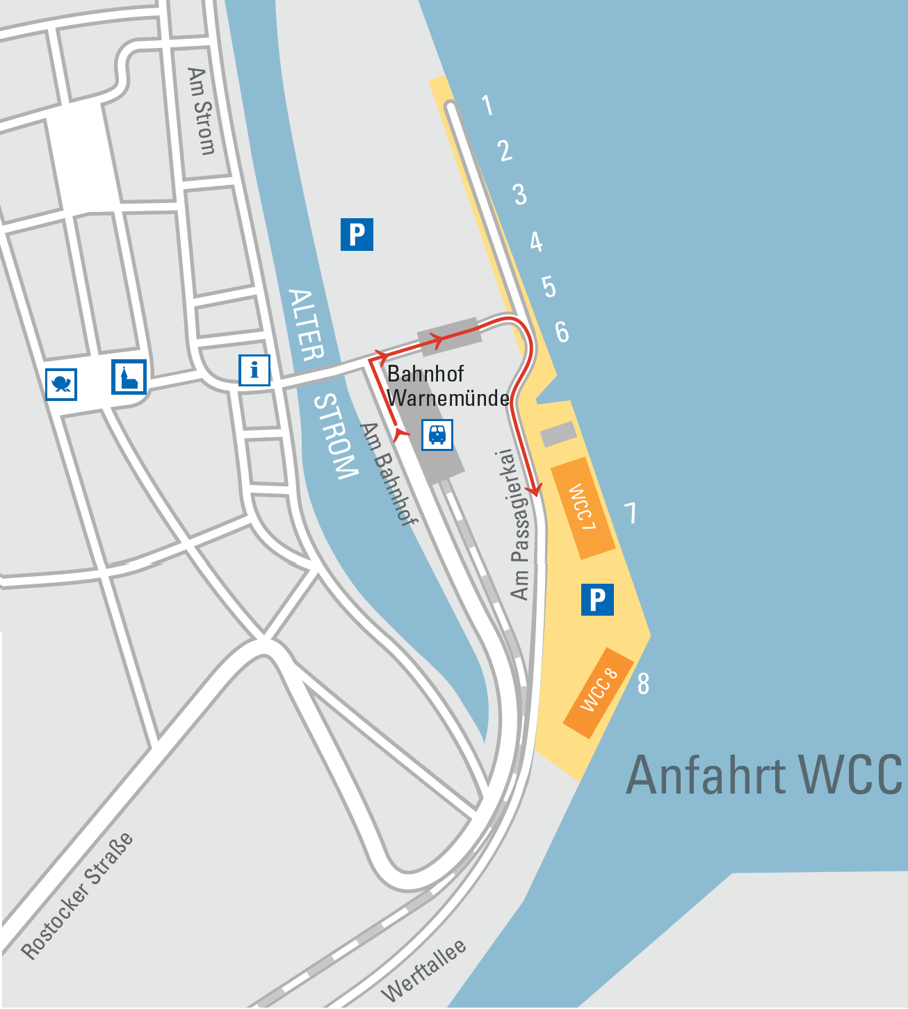Overview map of the cruise terminal including Warnemünde railway station