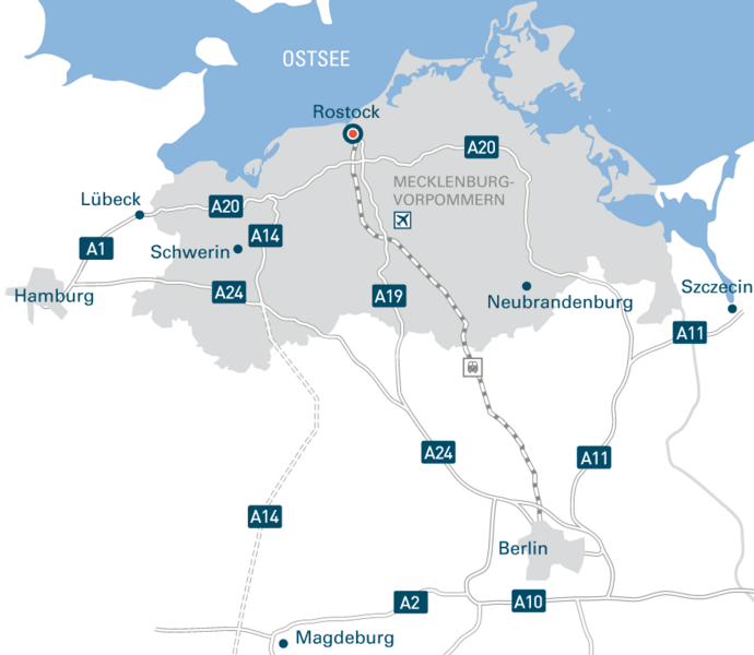 Landkarte von Mecklenburg-Vorpommern mit eingezeichneter Bahnverbindung nach Berlin