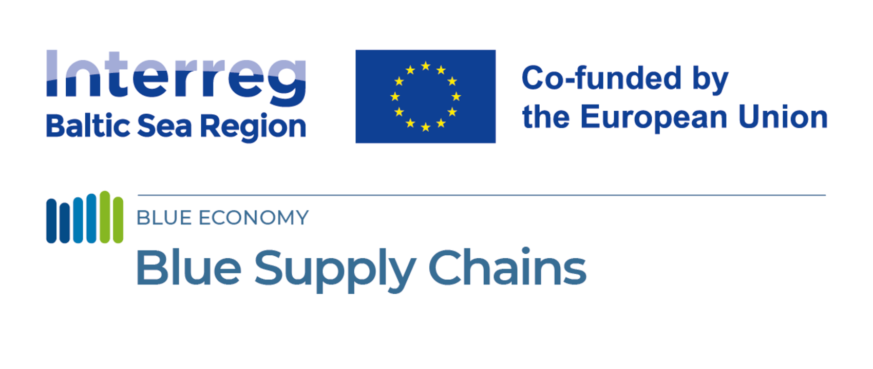 The official logo of the “Interreg Central Europe” funding programme, including the European Union co-financing statement. Below it is the logo of the “Blue supply Chains” project.